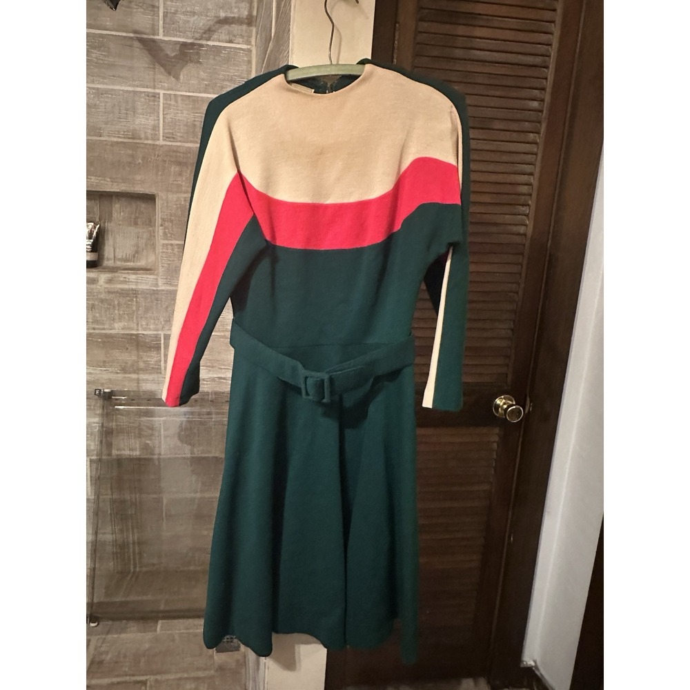 Vintage Abella Paris 60s Dress 100% Wool Knit Size M Long Sleeve Belted